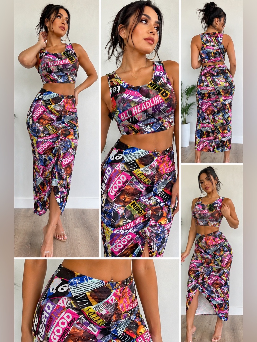 Colorful Multicolor Graphic Leggings Set - Vibrant Magazine Print